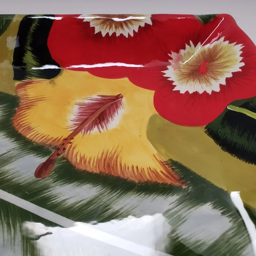 NWOT Ceramic Platter Plate Tray by Jay Import Painted Flower Large 18.5” X 13”